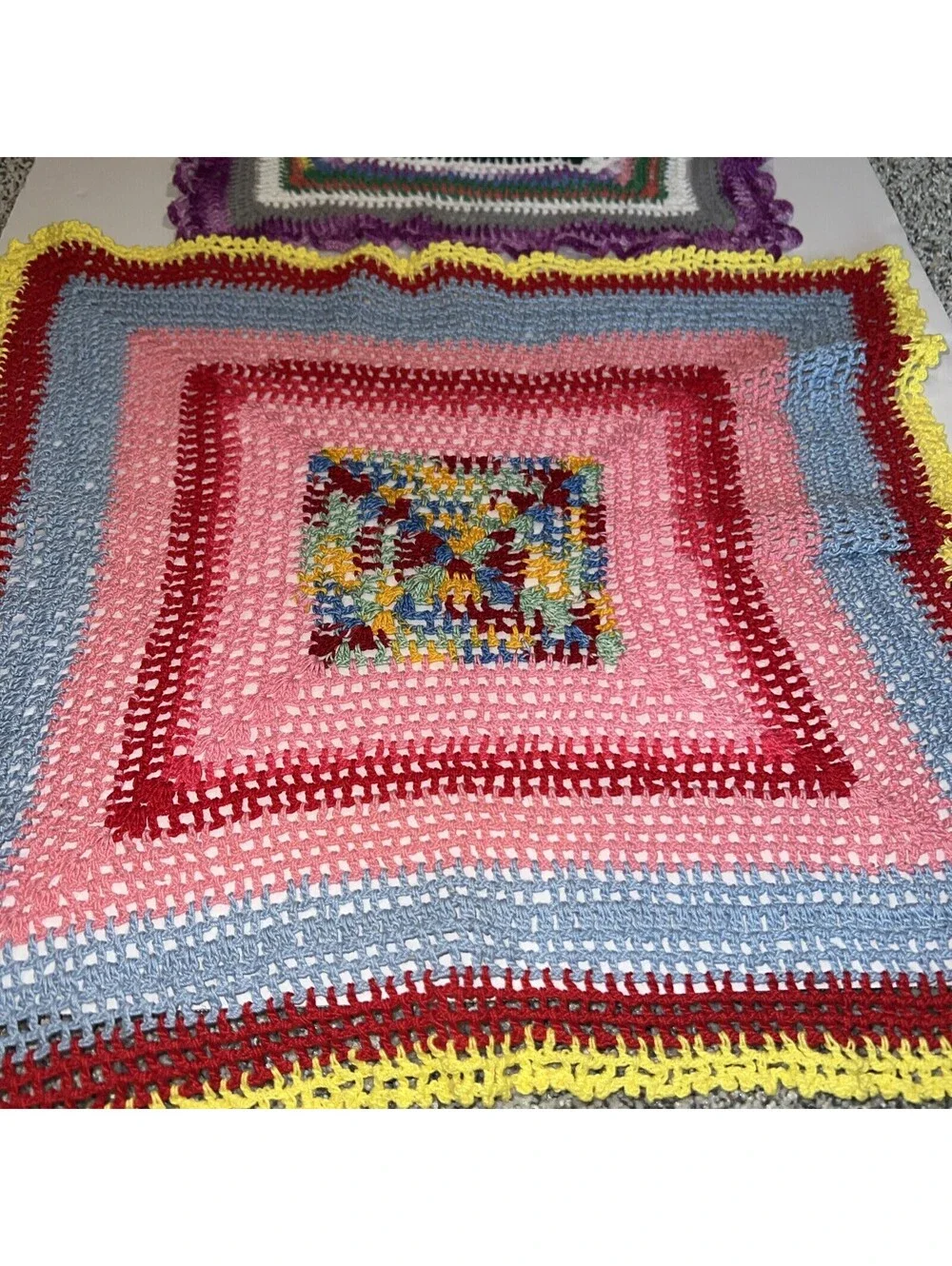 Set Of 2 Vintage Square Multi Color Doilies. 13” And 17”